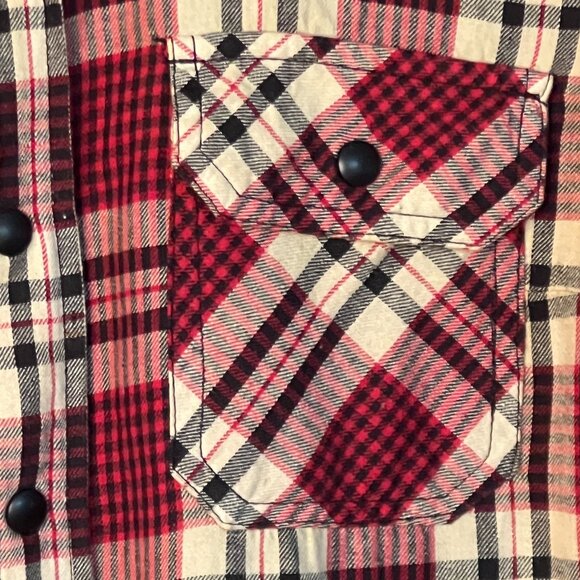 BLANK NYC Plaid Button Down with Sequin Back, Red Cream, Size Small - Picture 7 of 13